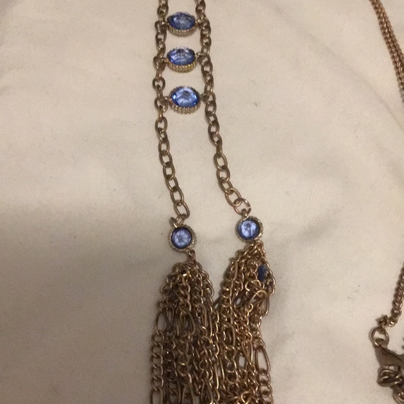 Gold Tone Blue Raised Stone With Tassels 19” Necklace - Picture 2 of 3
